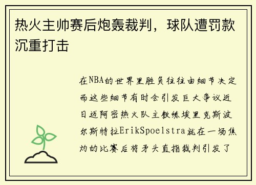 热火主帅赛后炮轰裁判，球队遭罚款沉重打击
