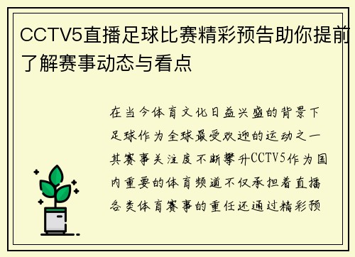CCTV5直播足球比赛精彩预告助你提前了解赛事动态与看点